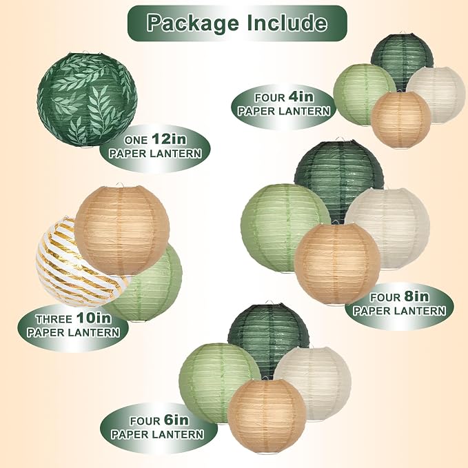 16-Pack Chinese Paper Lanterns, Sage Green Brown Party Decorations | - Image 2