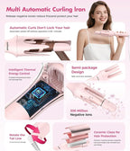 7 in 1 Automatic Curling Iron Interchangeable Barrels -0.5",1", 1.25", 1.5" Curling Wand, Hair Crimper & Straightening Brush,& Rotating Curler, 300M Negative Ions & Dual Voltage, Home & Travel