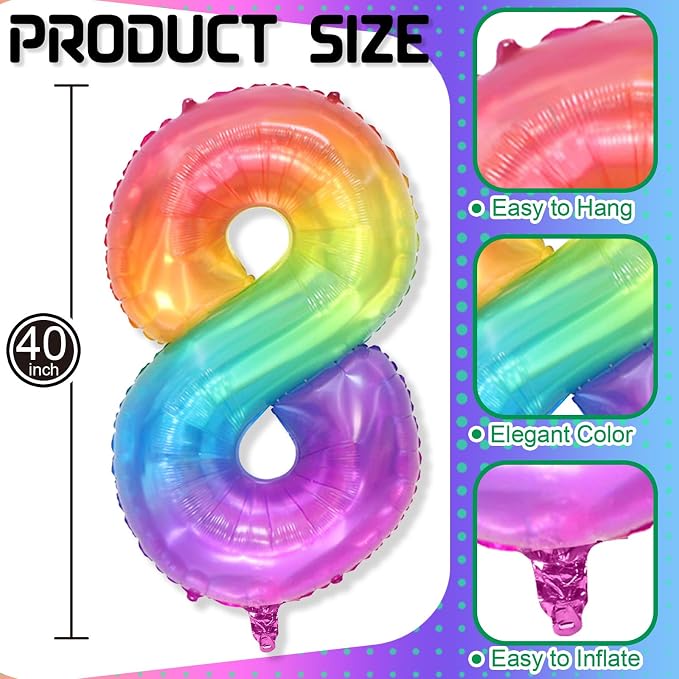 Foil 8 Balloon, Pastel Rainbow Number 8 Balloons - Image 2