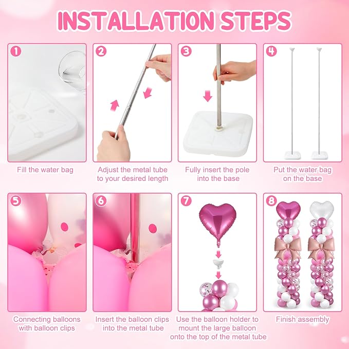 Skylety 2 Sets Pink and White Balloon Column Stand Kit Adjustable Pink White - Image 3