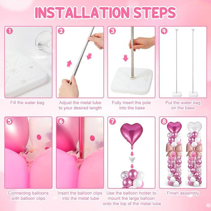 Skylety 2 Sets Pink and White Balloon Column Stand Kit Adjustable Pink White - Image 3