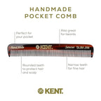 Kent Slim Jim Handmade All Fine Tooth Pocket Comb for Men, Hair Comb Straightener for Everyday Grooming Styling Hair, Mustache and Beard, Use Dry or with Balms, Saw Cut Hand Polished, Made in England