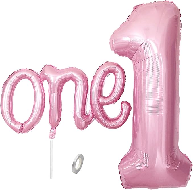 2Pcs Pearl Pink Foil 40" Number 1 and 26" Script Letter One Balloon Set | Large by WEILINZHOU