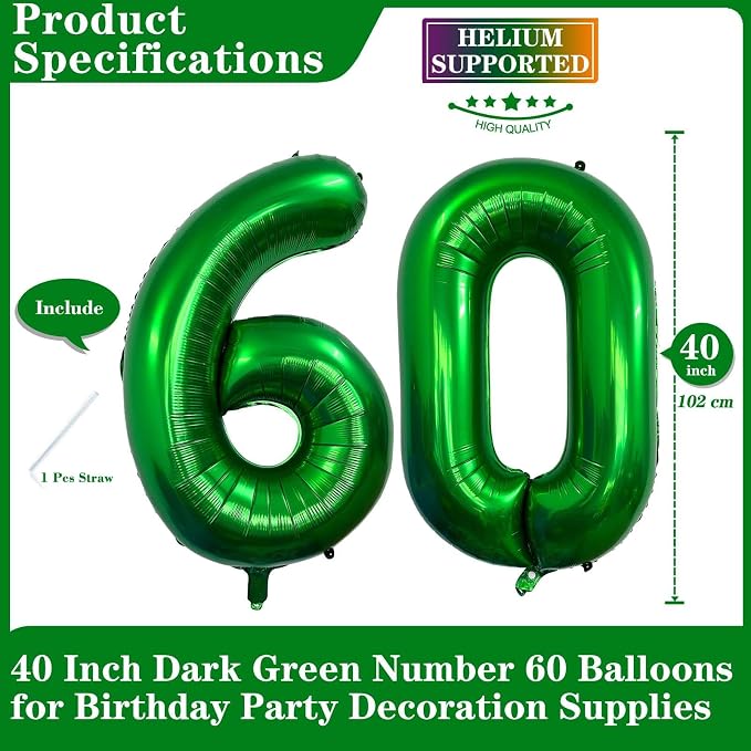 Dark Green 60 Number Balloons, 40 Inch Giant Number 60 Balloons Foil Mylar - Image 2