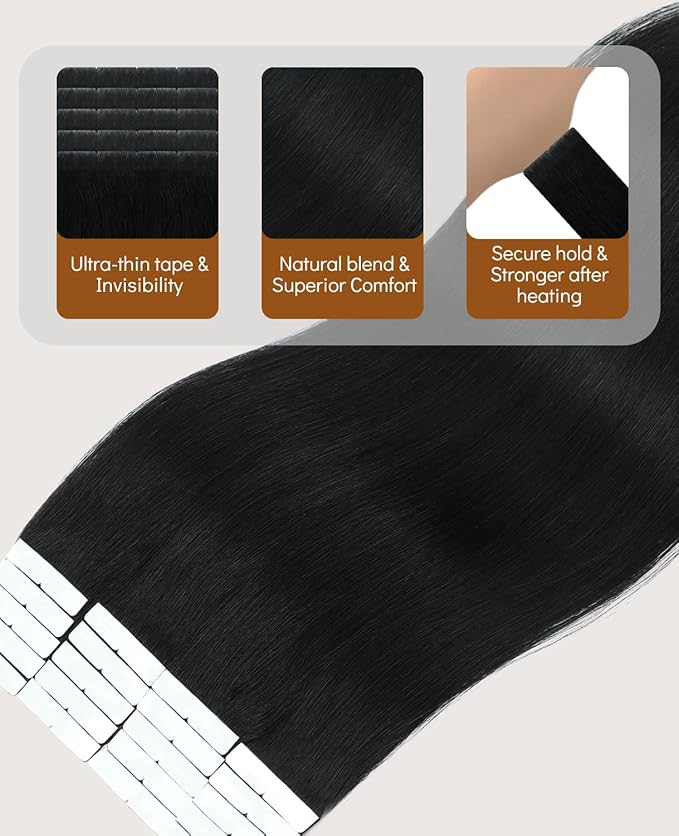 VINBAO Invisible Hair Extensions Tape in Invisi Edge, Jet Black 60g 20pcs 22in Injected Tape in Extensions Virgin Human Hair Thick Seamless Natural Blend 22inch #1
