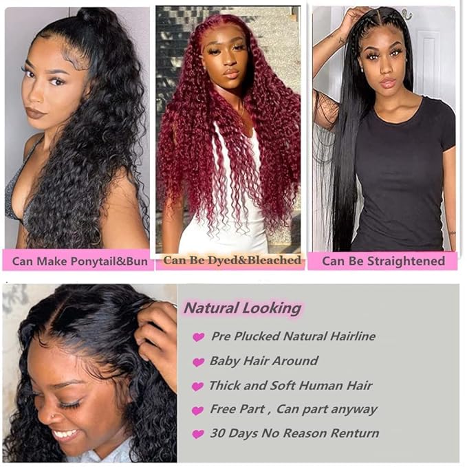 13x4 Human Hair Lace Front Wigs for Black Women 180% Density Brazilian Deep Wave HD Transparent Lace Front Wig with Baby Hair Pre Plucked Bleached Knots(18inch,Natural Black)