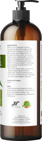 velona Neem Oil USDA Certified Organic - 16 Fl Oz | 100% Pure and Natural Carrier Oil | Virgin, Unrefined, Cold Pressed | Hair, Body and Skin Care | Use Today - Enjoy Results
