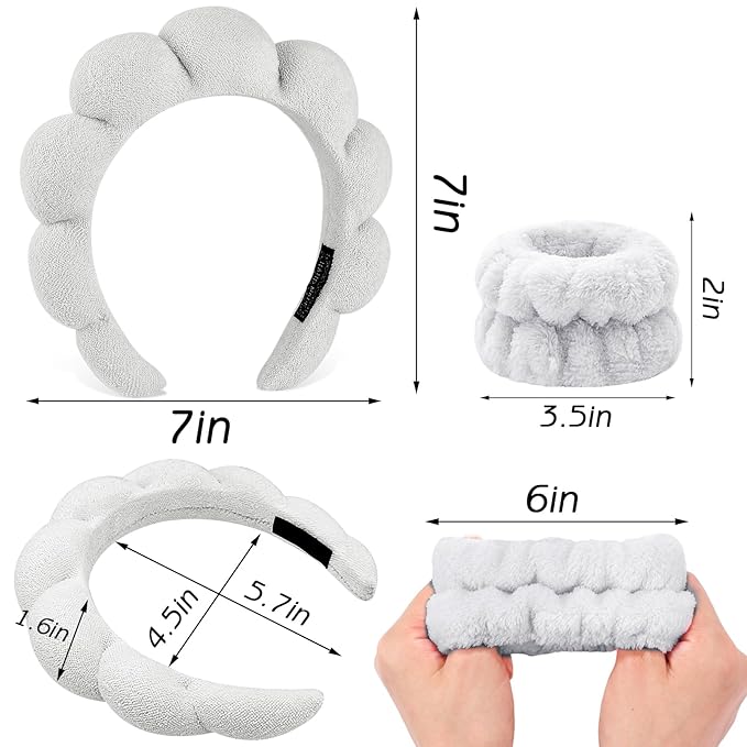 Zkptops 6Pcs Spa Headband for Washing Face Wristbands Set Women Bubble Skincare Makeup Sponge Terry Cloth Padded Puffy Headband Bow Tie Hairband Cute Non Slip Thick Hair Accessory Gifts (Grey)