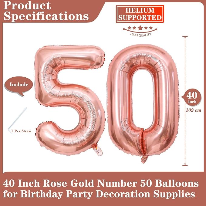 Rose Gold 50 Number Balloons, 40 Inch Giant Number 50 Balloons Foil Mylar - Image 2