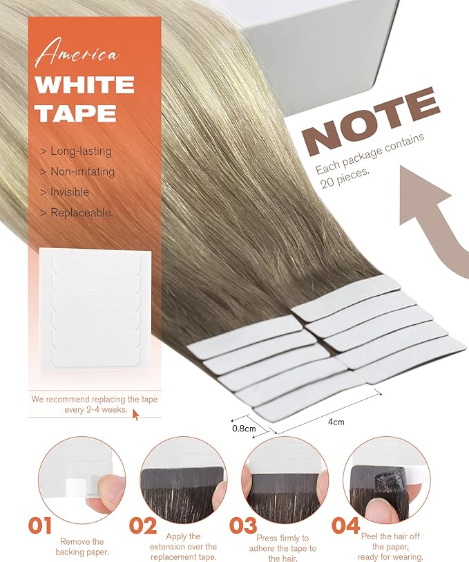 Sunny Hair Tape in Hair Extensions Real Human Hair Invisible Remy Hair Extensions Tape ins for Women Light Brown Root to Platinum Blonde Balayage 12 inch 20Pcs