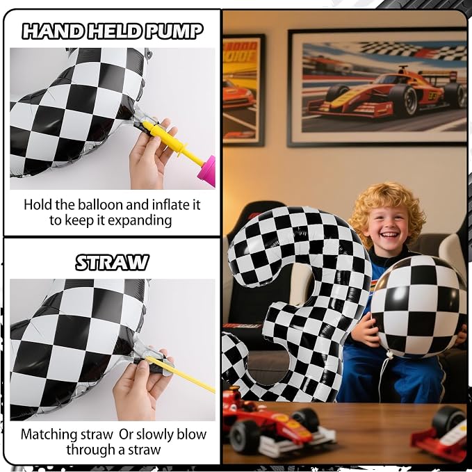 40 Inch Checkered 3 Balloons, Boys Girls Racing Car Track Theme Supplies - Image 3