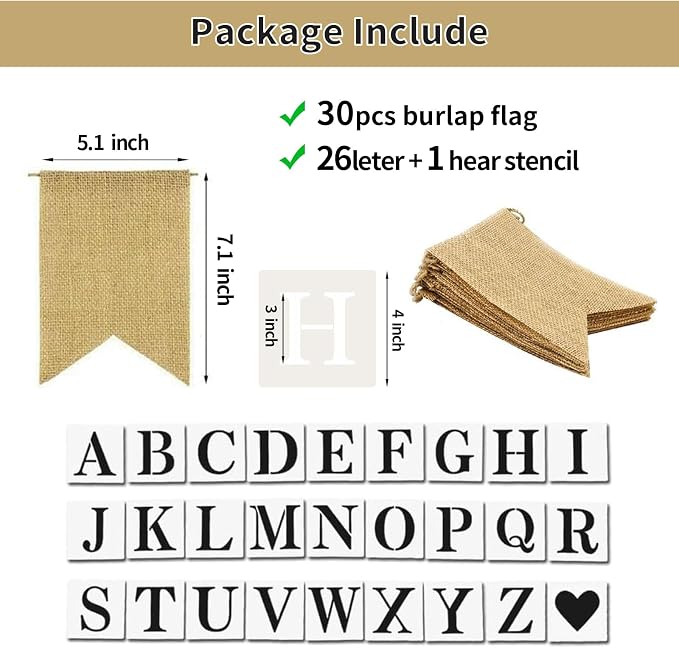 30pcs Burlap DIY Brown Banner Set– Includes Letter & Heart Stencils, - Image 3