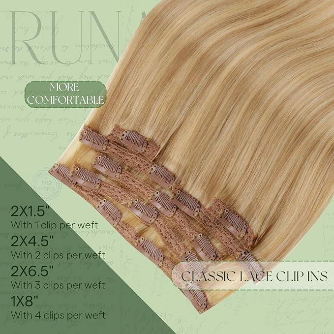 RUNATURE Blonde Human Hair Clip in Extensions, Long Clip in Hair Extensions Real Human Hair, Remy Hair Extensions Clip ins, Add Hair Length, 20 Inch 120g 7pcs #16P24 Golden Blonde