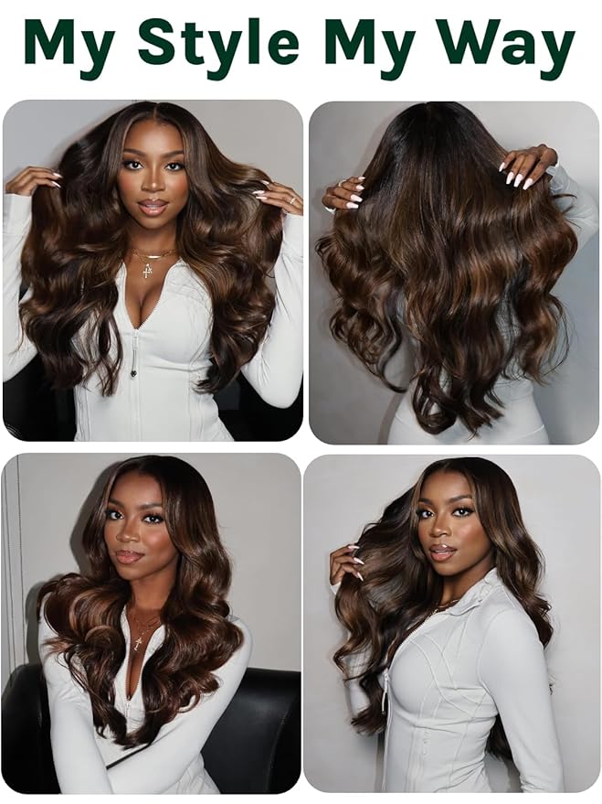 KLAIYI 13x4 Pre Everything Lace Front Chocolate Brown With Highlights Loose Body Wave Wig Human Hair Pre Cut Lace Pre Bleached Bye Bye Knots Pre Plucked Ombre Glueless Wear Go Wig Ready to Wear 18Inch