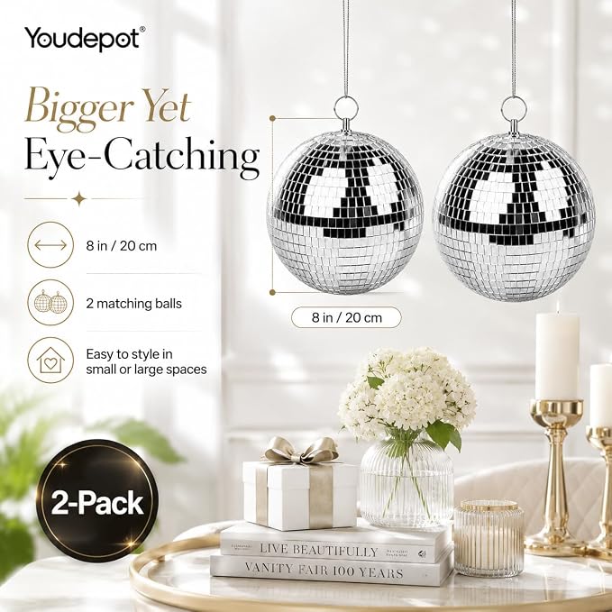 Youdepot 8-Inch Silver Disco Ball 2-Pack Mirror Ball | Hanging Mirror Ball - Image 11
