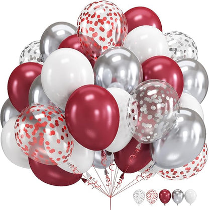 Burgundy Red and Silver Balloons, 60 Packs 12 Inch Wine Red and White Silver by Govpy