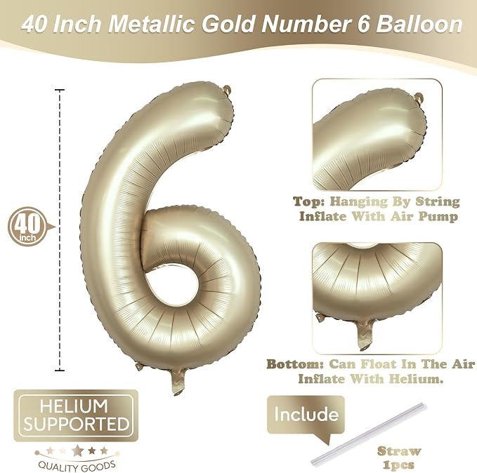 40 Inch Balloon Number 6 Champagne Gold, Large Foil Metallic Light Gold 6 - Image 2