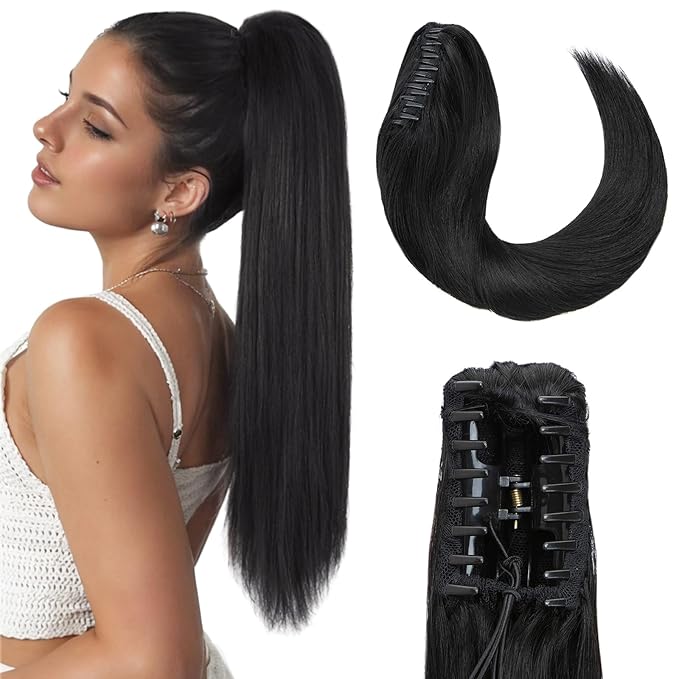 Hairro Claw Clip In Ponytail Extensions 100% Real Human Hair Long Straight Jaw/Claw Clips Pony Tail Hairpieces For Women 22 Inch 120g #01 Dark Black