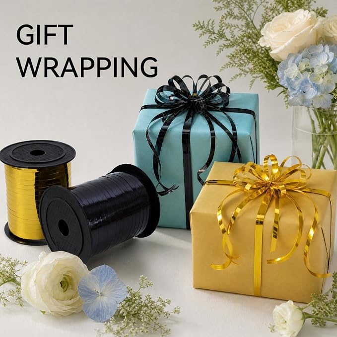TONIFUL 500 Yards Shiny Gold and Black Curling Ribbon Balloon String | Balloon - Image 3