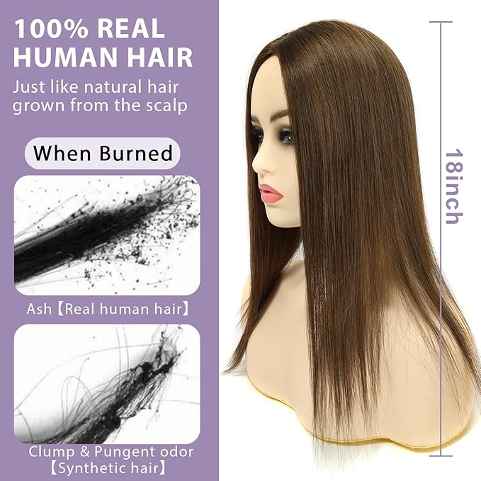 3x5 Inch Injected Silk Base Hair Toppers for Women, 18 Inch Length 130% Density Real Human Hair Pieces #2A Brown