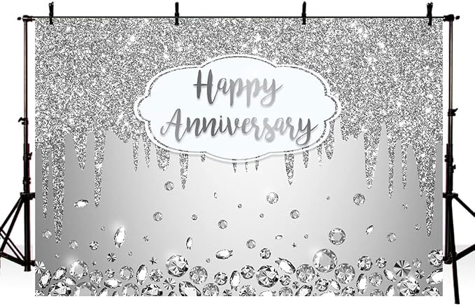AIBIIN 8x6ft Happy Anniversary Backdrop Silver Dripping Glitter Crystals by AIBIIN