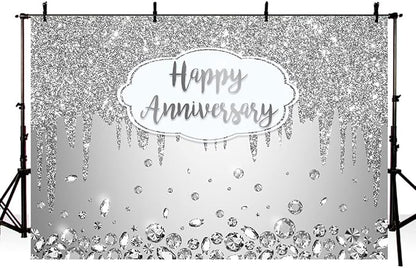 AIBIIN 8x6ft Happy Anniversary Backdrop Silver Dripping Glitter Crystals by AIBIIN