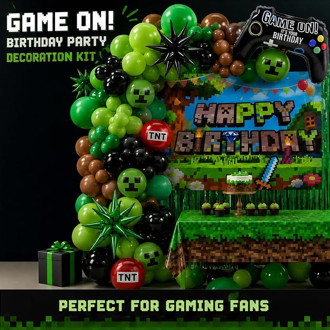 Pixel Game Birthday Party Decorations, Tablecloth, Foil Balloons, Fringe Curtain - Image 4