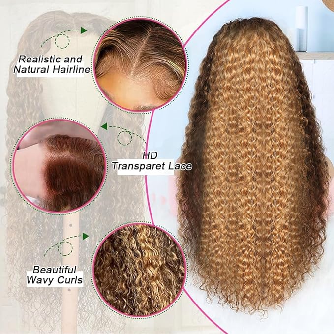 AMIRTY 360 Lace Front Wigs Human Hair Pre Plucked Honey Blonde 4/27 Deep Wave Lace Front Wigs with BabyHair Full 360 HD Transparent Drawstring Wig Human Hair Lace Front Human Hair Wigs for Women