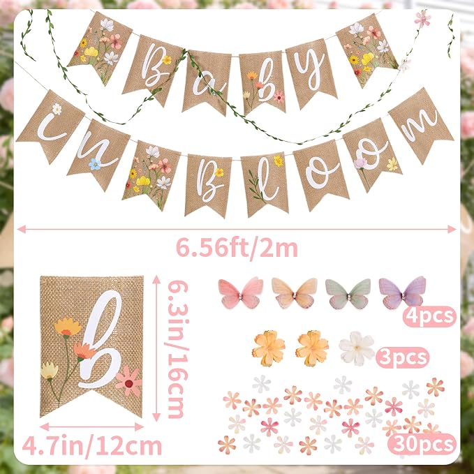 Baby in Bloom Baby Shower Burlap Banner, Flower Themed Baby Shower Decorations - Image 2