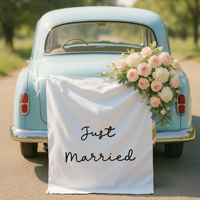Oudain 29x39 Inch Just Married Burlap Banner, Wedding Fabric Backdrop by Oudain