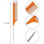 Leinuosen 3 Packs Rat Tail Comb Steel Pin Rat Tail Carbon Fiber Heat Resistant Teasing Combs with Stainless Steel Pintail (Orange)