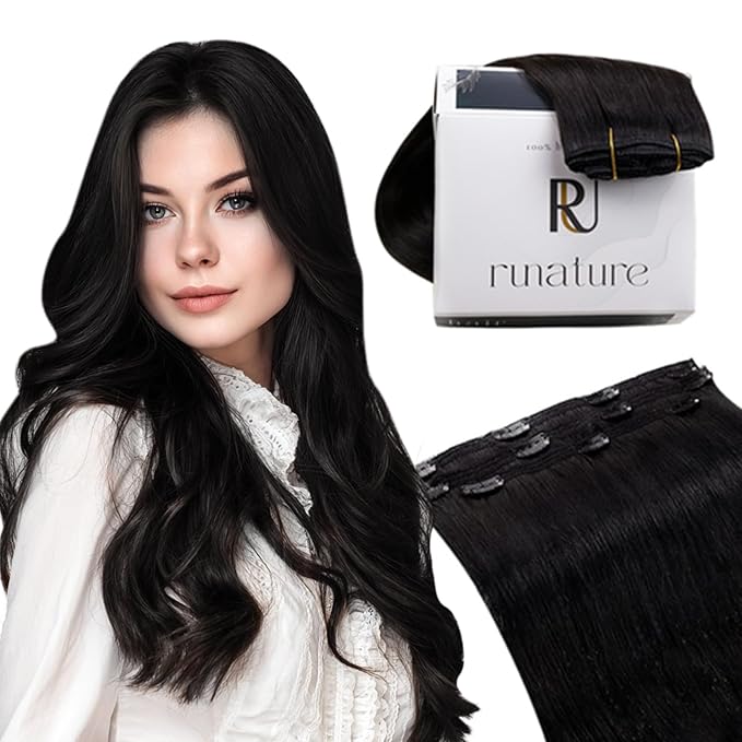 RUNATURE Black Clip in Hair Extensions, Real Hair Extensions Clip Ins, Long Human Hair Clip in Extensions, Remy Soft Hair, Natural Looking, 20 Inch 50g 3pcs #1B Off Black