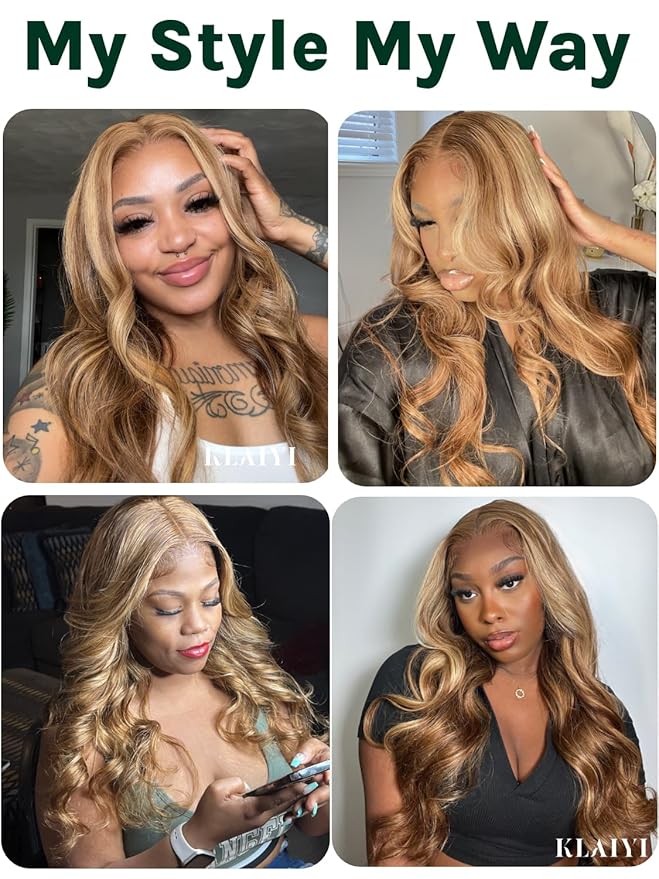 KLAIYI Bye Bye Knots Glueless Wig Highlight Blonde Body Wave Pre Cut 7x5 HD Lace Front Wigs Human Hair Pre Plucked Pre Bleached Pre Everything Wear and Go Wig 12A Ombre Brown 30S Ready To Wear 26Inch