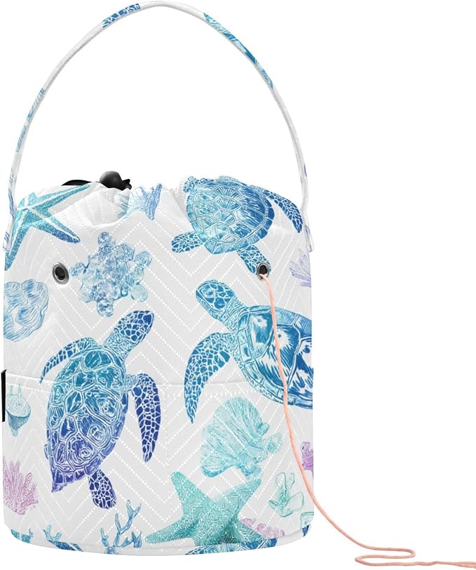 Line Art Turtles Starfish and Coral Yarn Bag Small Crochet Bag Drawstring Yarn by Tatenale
