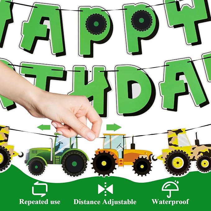 SUNBEAUTY Green Tractor Happy Birthday Banner Set - Image 3