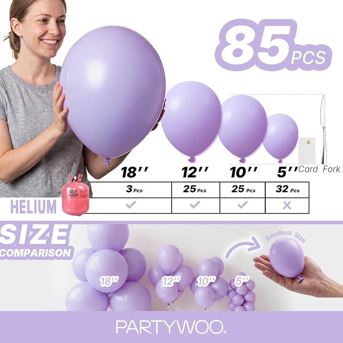 PartyWoo Lavender Balloons 85pcs Light Pastel Purple Lilac Color | 18 12 10 5 - Image 6