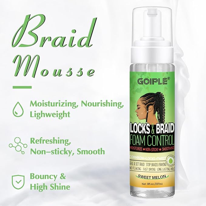 Goiple Braid Mousse, 8 fl oz for Braids Twist, Locs - Long-Lasting Hold, Frizz Control, High Shine and Moisturizes, Sugar Melon Fragrance
