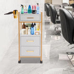 Beauty Salon Tool Organizer, Salon Trolley with Lockable Wheels Barber Cart, Make-Up Organizer Beauty Equipment Storage Trolley with Hair Dryer Rack for Spa, Barber Store, Beauty Salon (Gold, White)