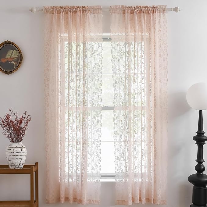 Blush Pink Floral Sheer Lace Curtains - Image 8