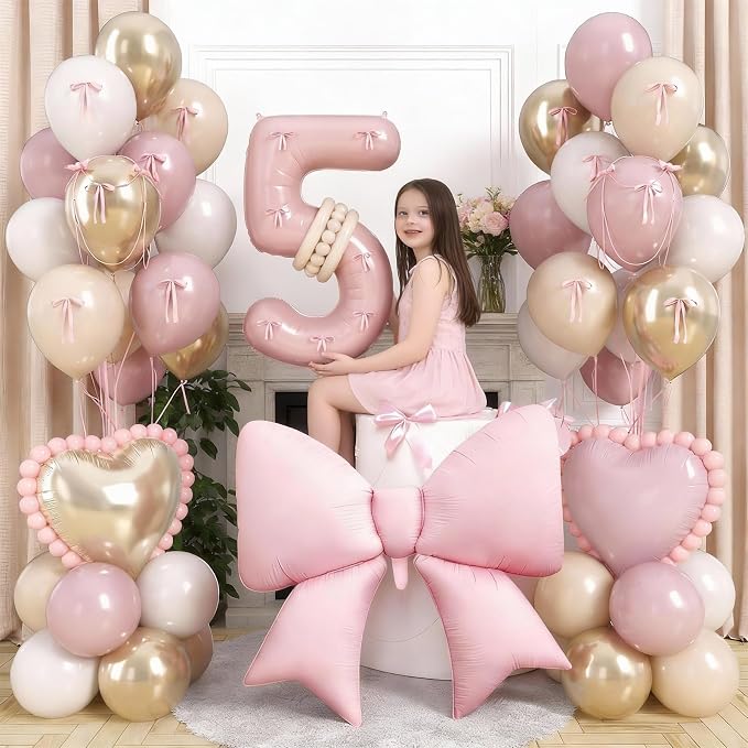 Light Pink 5 Balloon Number, Retro Blush Pink Gold Beige Nude Latex Balloons 5 - Image 2