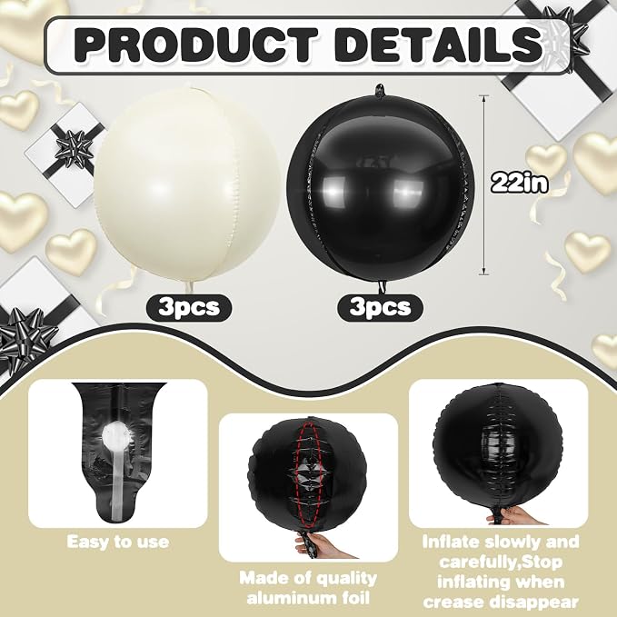 6Pcs Black Sand White Round Foil Balloons, Giant 4D Round Ball Balloon - Image 2
