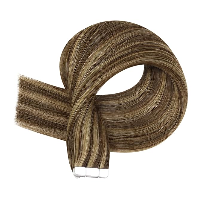 Full Shine Tape in Hair Extensions Color 4 Brown with 27 Blonde Highlights Remy Tape Ins Hair Human Hair Extensions Seamless Extensions 12 Inch Short Hair 20Pcs 30Grams Add Volume