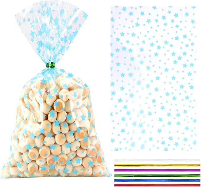COQOFA 100 Pcs 7"X12" Blue Star Printed Clear Gift Cellophane Treat Bag Party by COQOFA