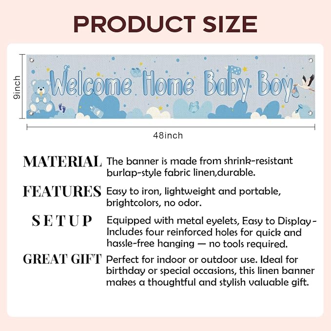 Welcome Home Baby Boy Hanging Banner, Sweet Baby Shower Entryway Home Party - Image 2