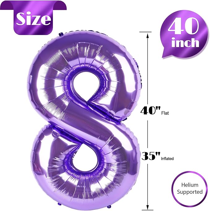 Purple Number 8 Balloon 40 Inch, 8th Birthday Party Decorations Men Women | - Image 5