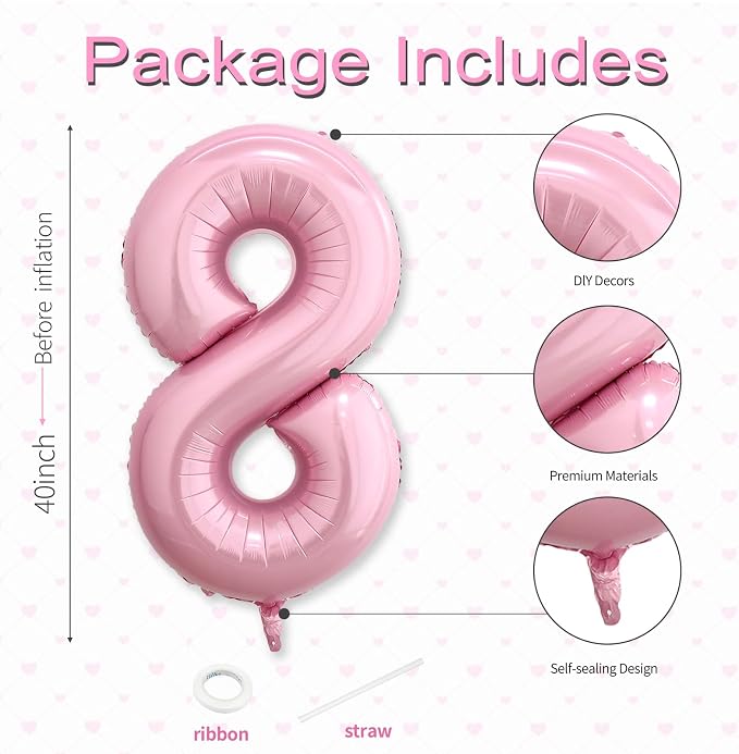 40 Inch Pink Number 8 Balloon, Giant Number Balloons, Birthday Decorations | - Image 3