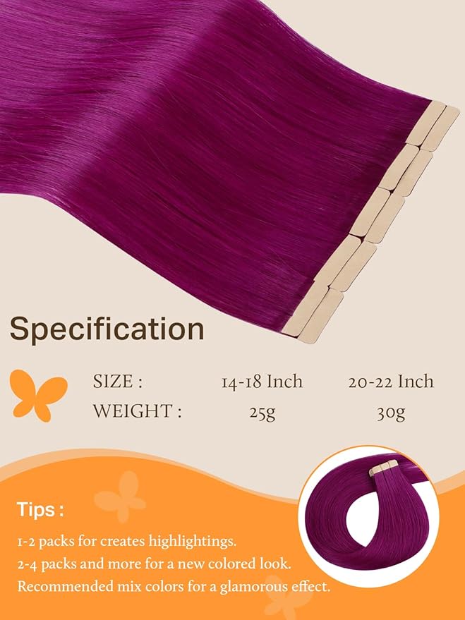 DOORES Tape in Hair Extensions Real Human Hair, Violet 16 Inch 25g 10pcs, Human Hair Extensions Tape in Natural Hair Straight Hair Extensions Remy