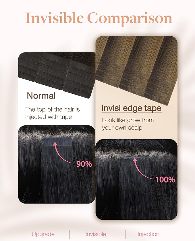 GOO GOO Invisi Edge Tape in Hair Extensions Human Hair, 2C/4E/6C Brown Sugar Swirl Highlights 10pcs injected with 10pcs classical tape ins, 14inch 50g, Virgin Remy Hair, Natural Look