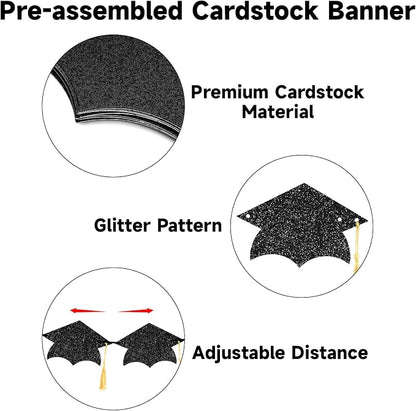 jijAcraft Black Graduation Cap Banner, Double-Sided Glitter Grad Garland - Image 3