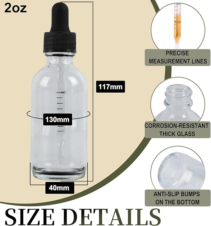 24 Pack, 2oz Glass Dropper Bottle, Preety Texture Tincture Bottles with Precise Scales Eye Droppe, for All Kinds Of Mixed Liquids,Leak-Proof Design for Easy Travel (Clear)
